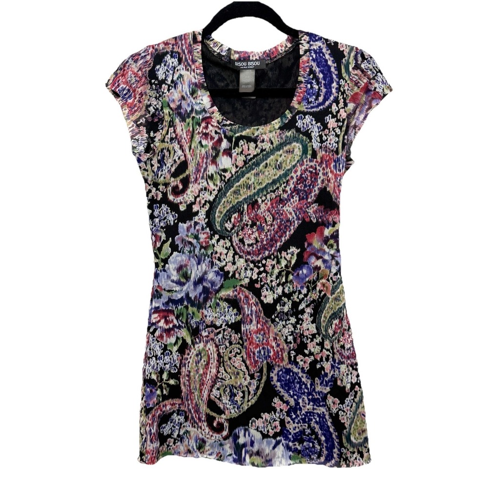 Bisou Bisou Y2K Mesh Top Medium Paisley Floral Whimsy Goth Indie Sleaze Edgy Art - Picture 11 of 14